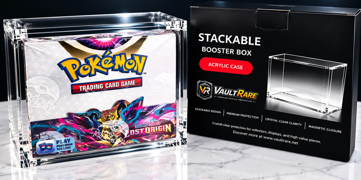 VaultRare stackable acrylic cases for Elite Trainer Box and Booster Box, shown with retail packaging